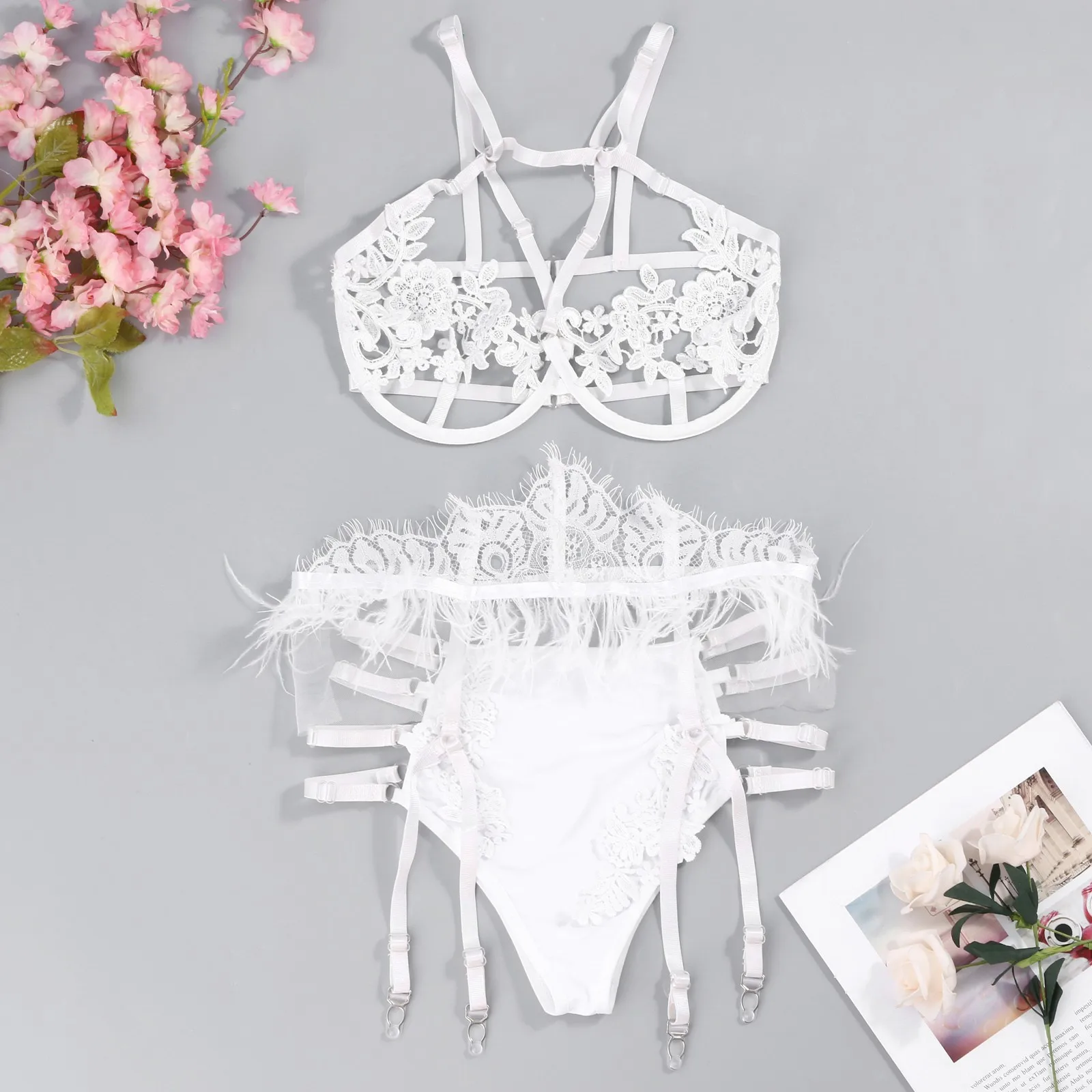 

Erotic Lingerie Set Bra Feather Lace Garter Belt Flower Embroidery V Neck Sleevless Sexy Underwear for Women Bielizna Erotyczna
