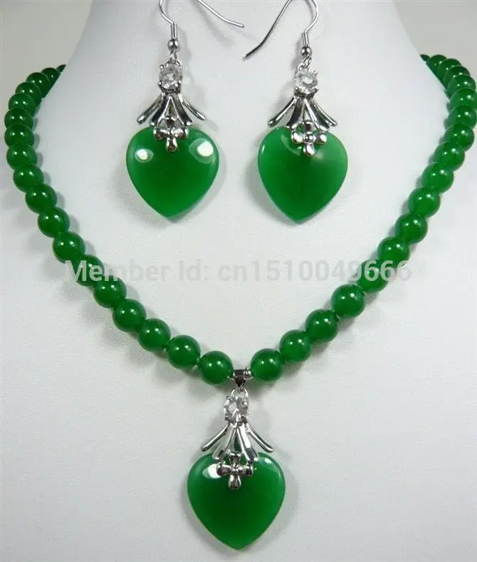 

Hot sale GOOD 8mm green jade necklace heart love pendant earrings set