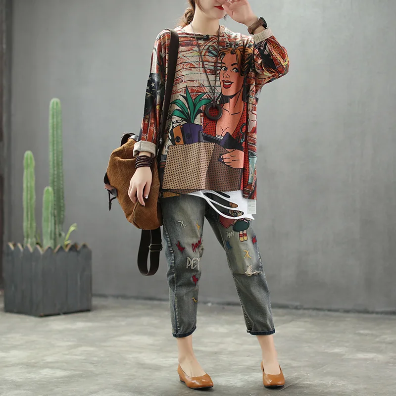 Женские винтажные свитера с принтом в стиле ретро весна-осень 2020 свободный