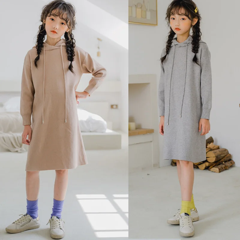 2019 Autumn Winter Girls Sweater Dress Medium Long Hoodies Casual Hooded Big Straight BC785 | Детская одежда и обувь