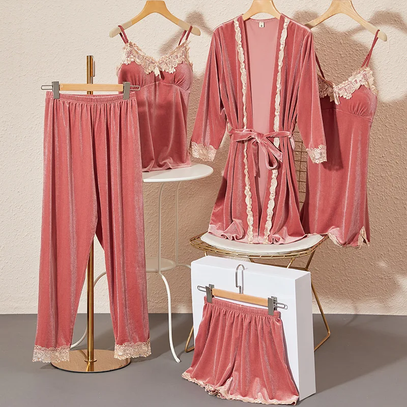 

Sexy V-neck Velour Pajamas Set Women Autumn 5PCS Sleepwear Lace Trim Sleep Set Velvet Pijamas Suit Elastic Waist Home Clothes