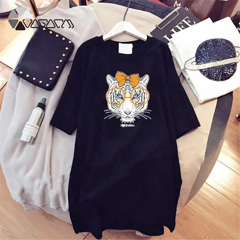 

Vogue Sundress For Women Cartoon Animals Print Womenswear SummerCasual Loose Short Sleeve Mini Dress Vintage Oversize Dresses