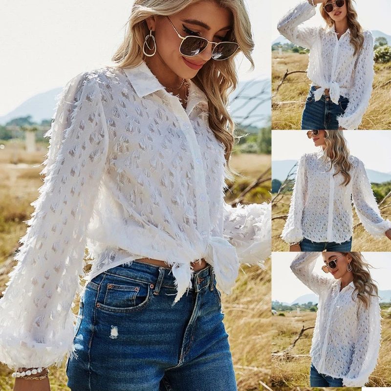 

Women Spring Summer Shirt with Feather Single Breasted Casual Lantern Sleeve Turn-Down Collar Tops