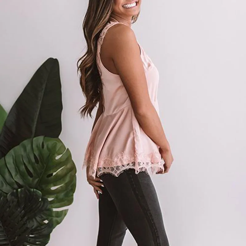 Летний сексуальный розовый кружевной топ без рукавов на бретельках с v-образным