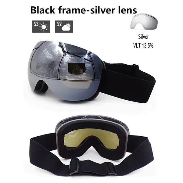 Black -silver lens Женские лыжные очки, противотуманные, UV400, двухслойные, лыжная маска, чехол для мужчин, сноуборд, очки, сноубординг, снегоход, зимние лыжные очки - Цвет: Black -silver lens