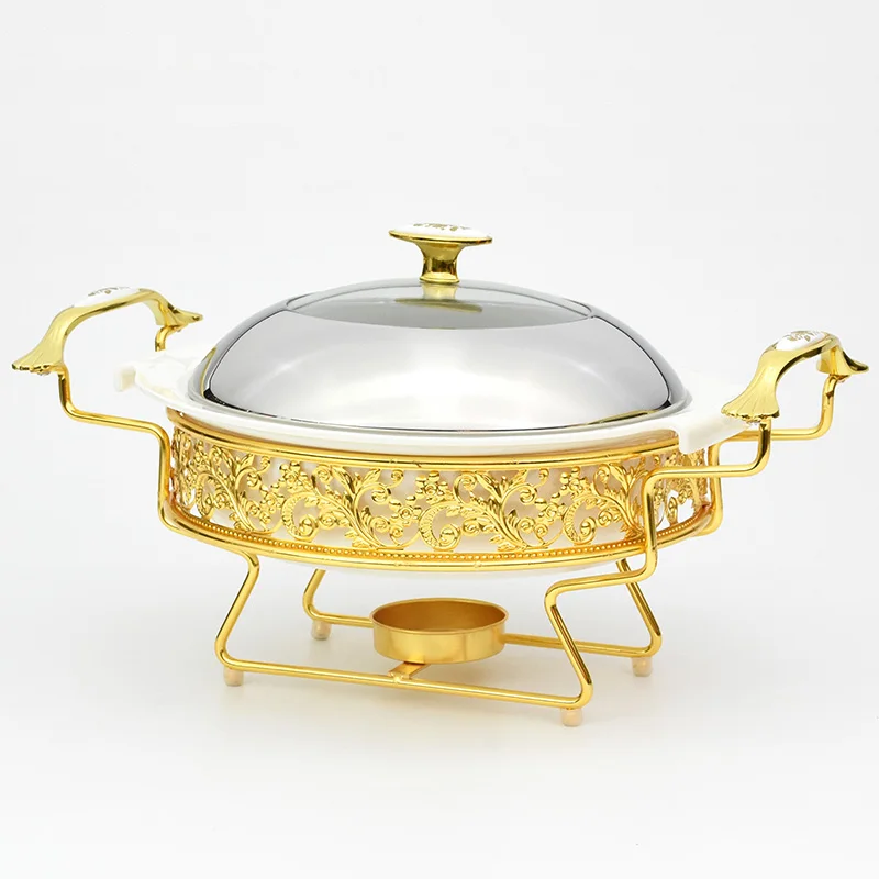 Gold luxury ceramics chafing dish 11/13 inch wedding hotel round buffet food warmer stove with serving dish