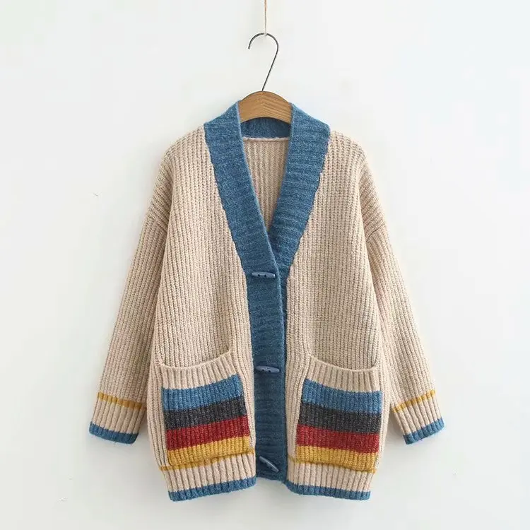 Женский трикотажный кардиган с V образным вырезом длинными рукавами и карманами|