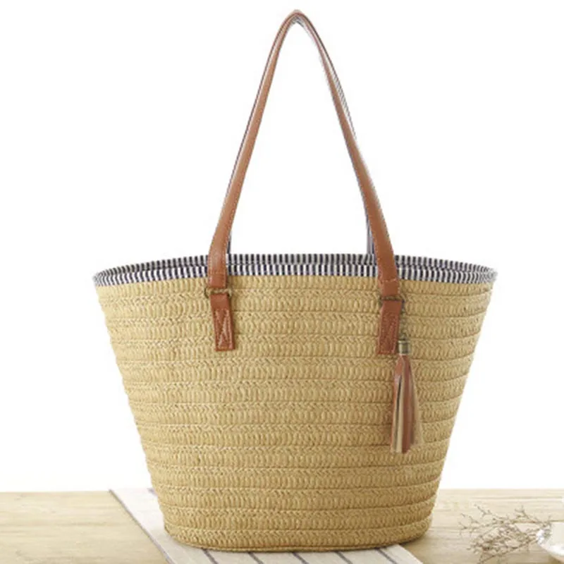 

Hot Selling Women Straw Weave Handbag Tassels PU Leather Handle Shoulder Bag Summer Beach Travel Casual Bags