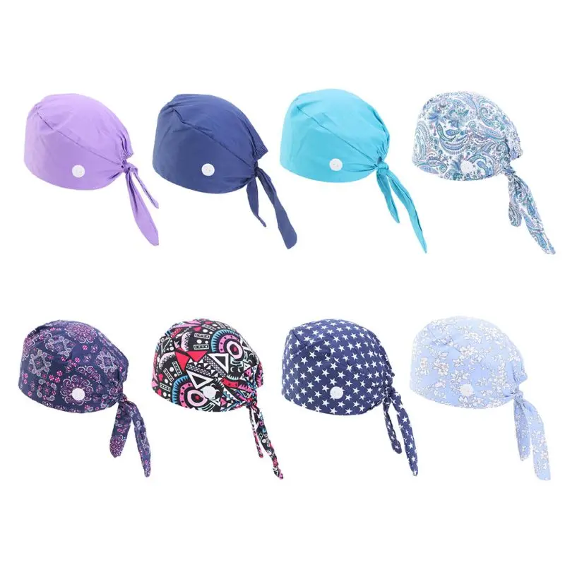 

Working Scrub Button Sweatband Star Paisley Floral Tie Back Bouffant Hat