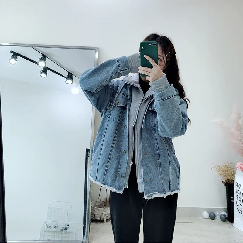 Джинсовая куртка с капюшоном джинсовая для женщин поддельные две части куртки из