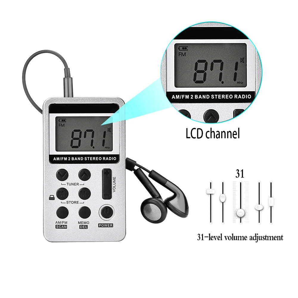 Карманное радио AM FM с ЖК дисплеем портативное цифровое мини стерео со шнурком для