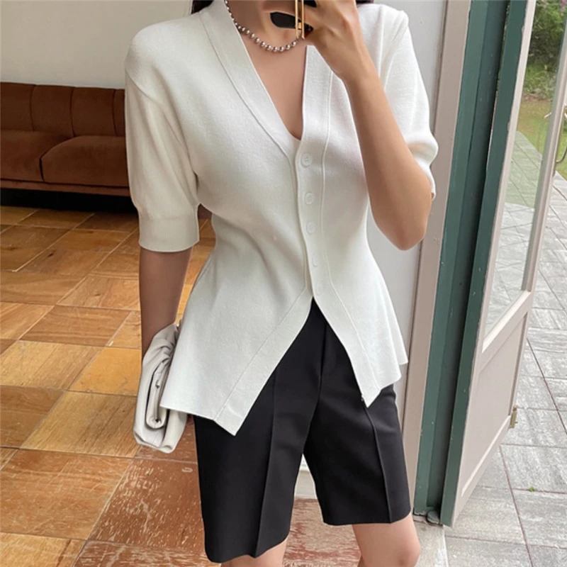 

Korean French Style Single Breasted Knitted Top Casual Versatile Women's Shirt Fashion Camisa Feminina Blusas Mujer De Moda 2021