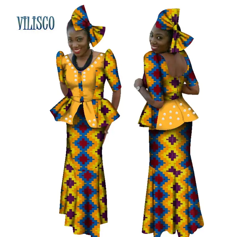 African Beads Tops and Skirt Sets Bow Knot for Women Bazin Riche Traditional African Print 2 Piece Skirt Sets Clothing WY072