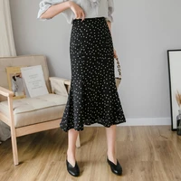 high waist women elegant ruffled polka dot printed midi long skirts spring summer female package hip ladies holiday slim skirts
