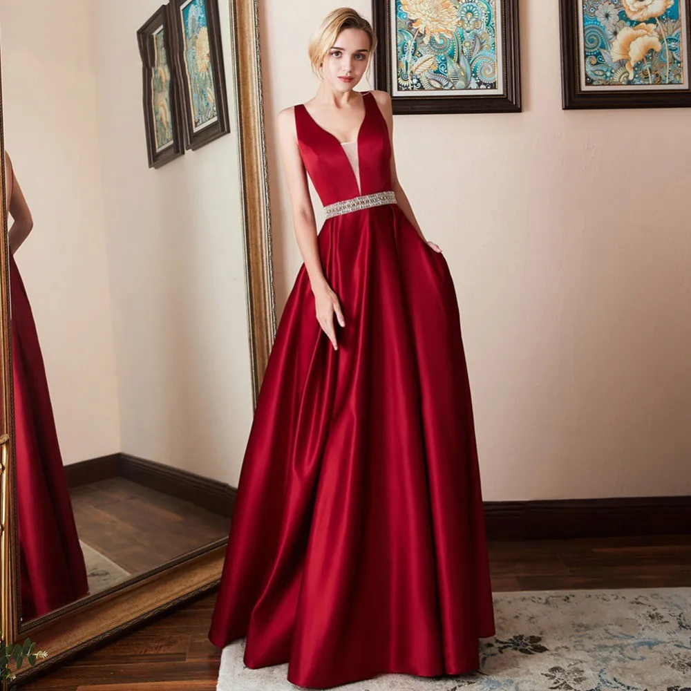 

Illusion Deep V-Neck Burgundy Evening Dresses A Line Long Formal Attire Backless Satin Robe De Soiree