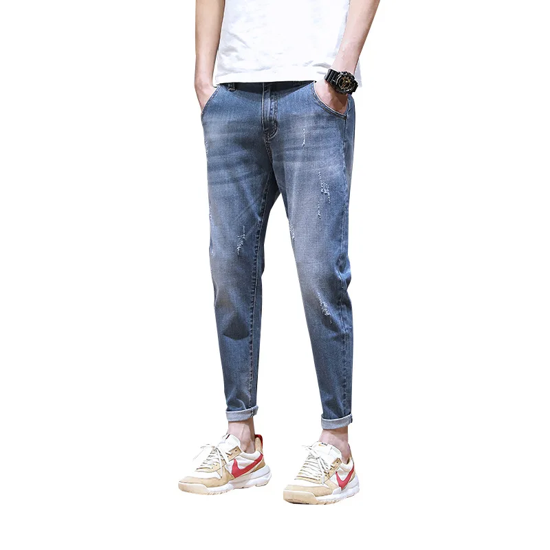 

Men Summer Fashion Vintage Japan Style High Quality Denim Jeans Male Casual Ankle Length Solid Color Scratched Chic Pencil Pant