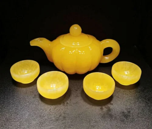 

Модная китайская изысканная ручная работа Нефритовая резьба натуральный желтый нефрит кунгфу чайники и чаши украшение для дома подарок