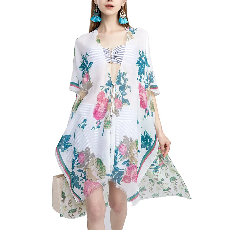

Fashion Women Summer Beach Bikini Cover Up Loose Chiffon Blouse Shawl Scarf Ponchos Print Jackets Ladies Clothing