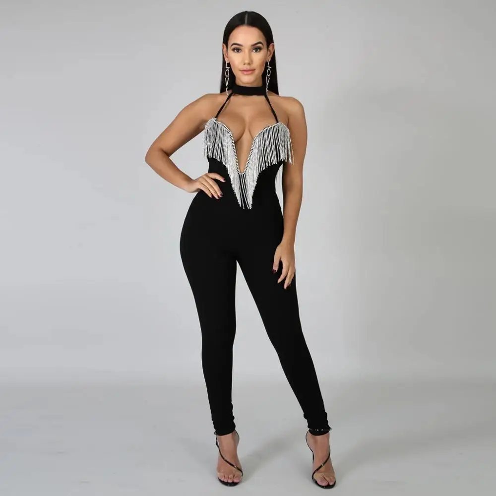 Сексуальный комбинезон с блестками и кисточками женский лямкой на шее один