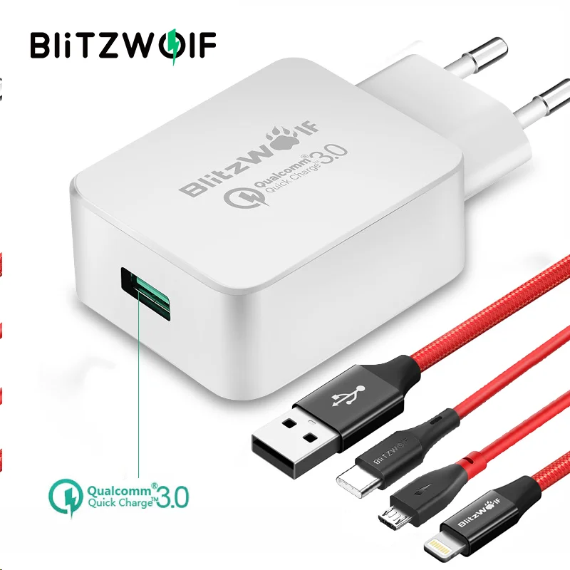 BlitzWolf QC3.0 USB Charger EU Mobile Phone Adapter Wall Travel With Cable For Xiaomi Samsung iPhone зарядное устройство