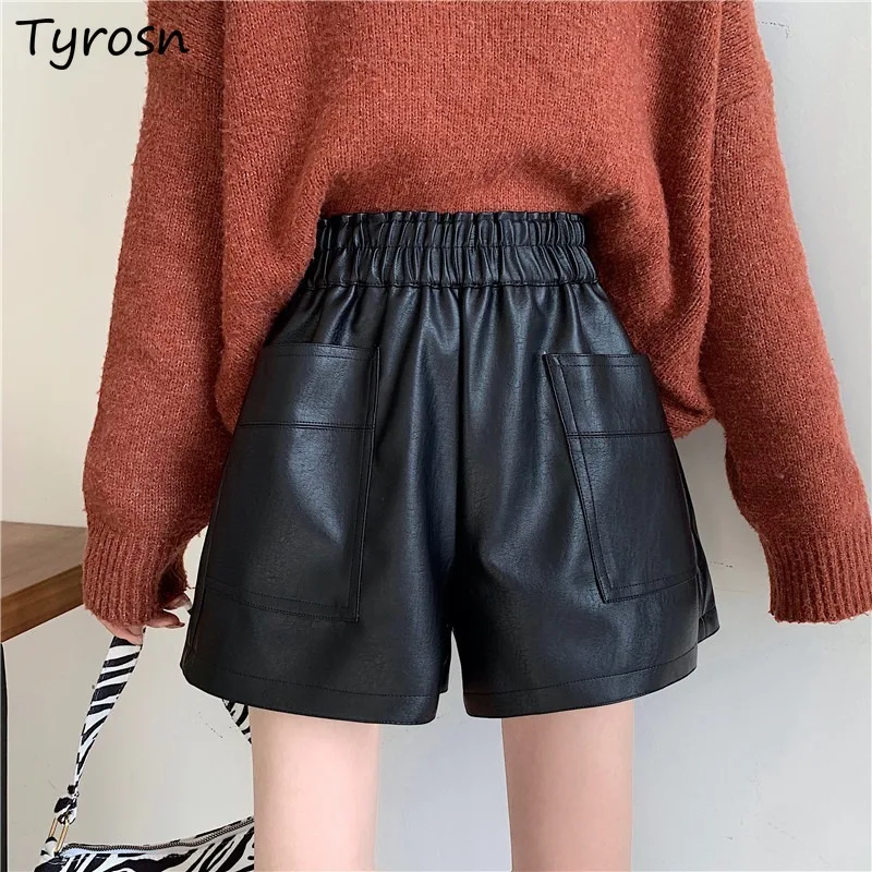 

Черные дизайнерские женские шорты из искусственной кожи с карманами и эластичной талией, повседневные короткие уличные элегантные стильны...