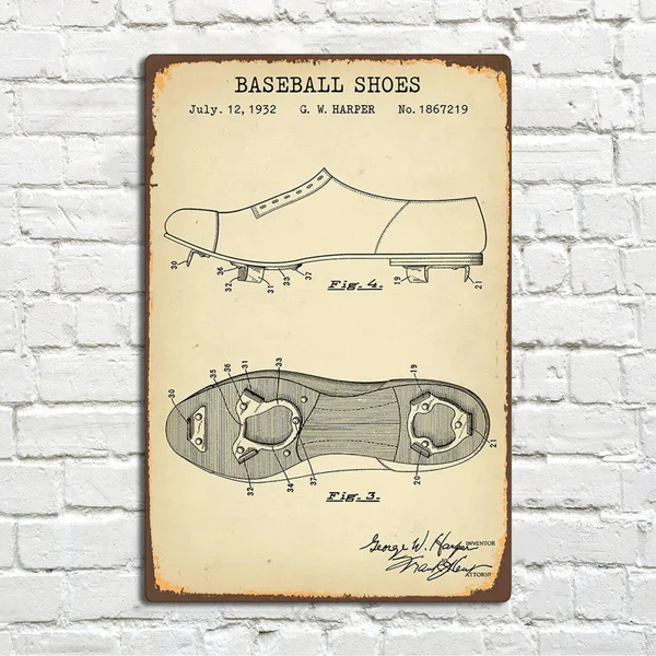 

Baseball Shoes Patent Vintage Metal Tin Sign Pin Up Metal Sign Wall Sign Metal Decor Wall Decor(20cmx30cm) SHH43