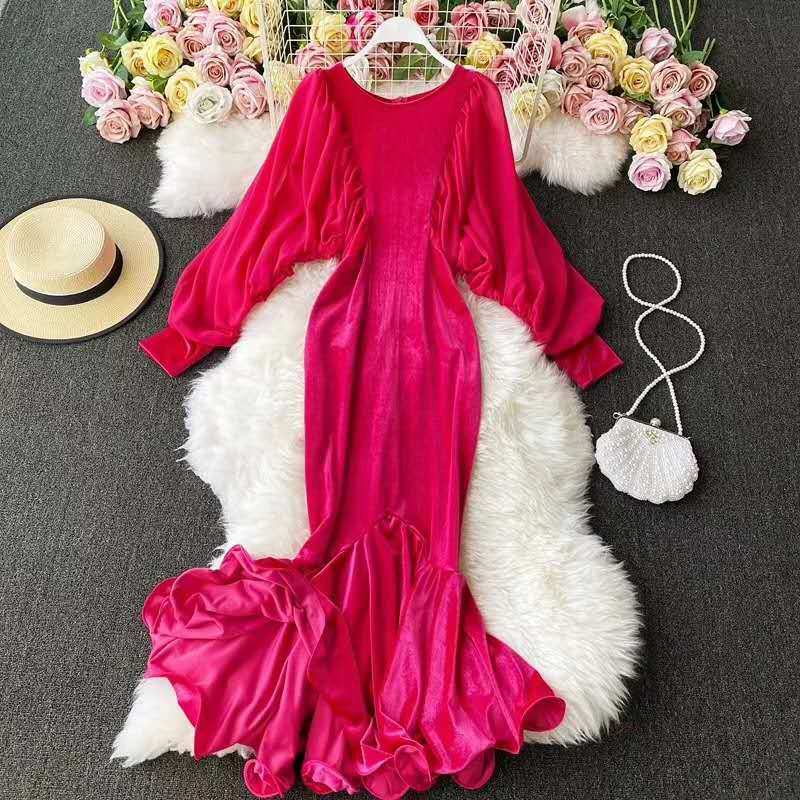 Винтажное бархатное платье для женщин с круглым вырезом и рукавами-фонариками