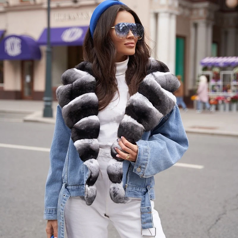 Women Winter Real Fur Coats Natural 2022 Trendy Denim Jacket With Rex Rabbit Fur Turn-down Collar Luxury Rabbit Fur Overcoats