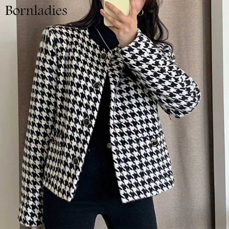 

Bornladies винтажные женские короткие куртки в клетку с рисунком «гусиные лапки», однобортный Женский блейзер 2022, куртка с длинным рукавом и кар...