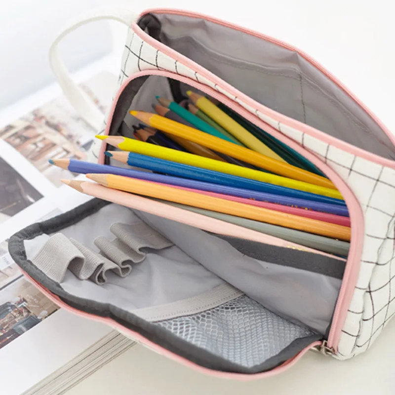 

Plaid Pencil Case Multifunction Portable Large Capacity Simple Storage Bag AS99