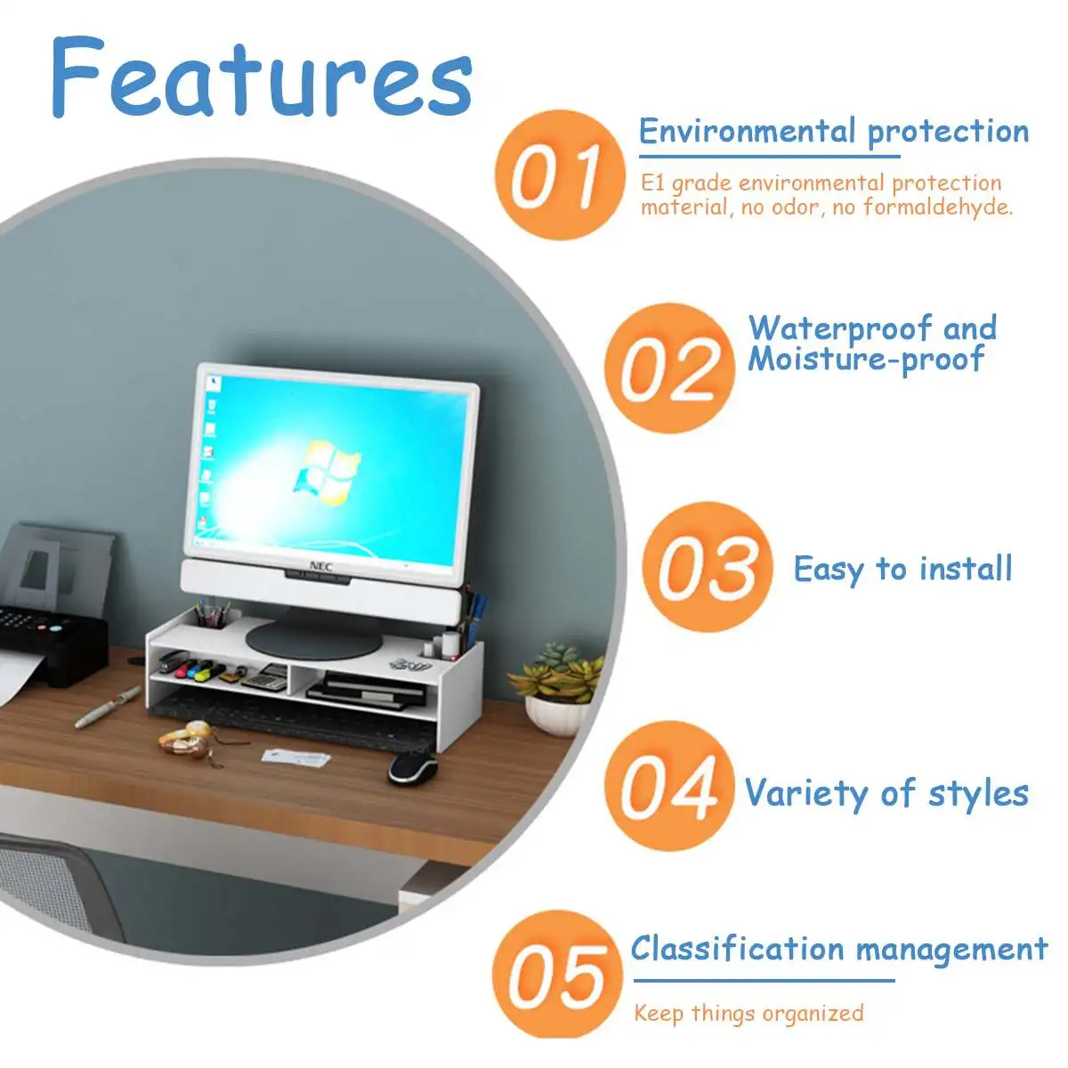 

2-Tier Computer Desktop Monitor Stand Shelf Wooden PVC Monitor Riser For Notebook TV Screen Riser With Storage Organizer Shelf