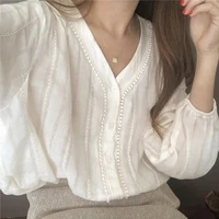 blouses long sleeve white shirt collar lace shirts womens mesh shirt korean style v neck white shirts spring summer 2022 women