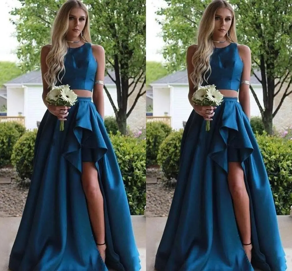 

Cheap Simple Two Piece Country Teal Prom Dresses Jewel Neck High Side Split Draped Ruffles Dress Evening Wear Formal Dress