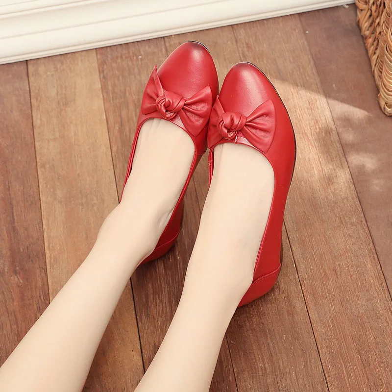 Женские туфли из воловьей кожи с бантом на плоской подошве мягкие удобные