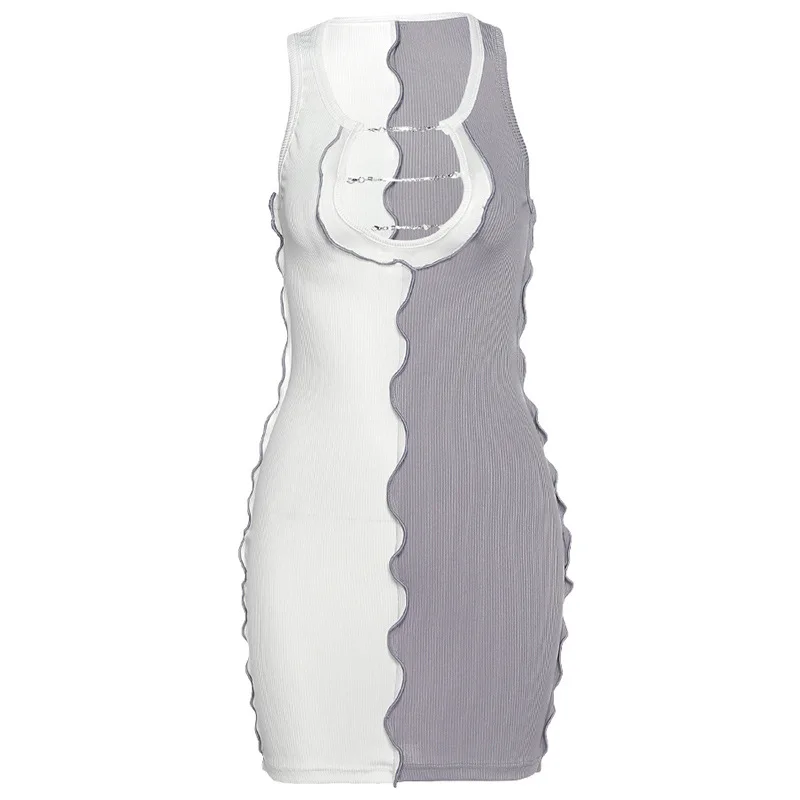 

2021 spring and summer women's new style sleeveless color matching slim sexy dress with wooden ears