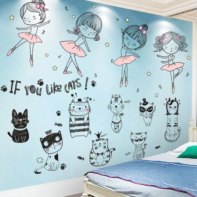

[shijuekongjian] Cartoon Cats Animals Wall Stickers DIY Girl Dancer Mural Decals for Home Kids Bedroom Baby Room Decoration