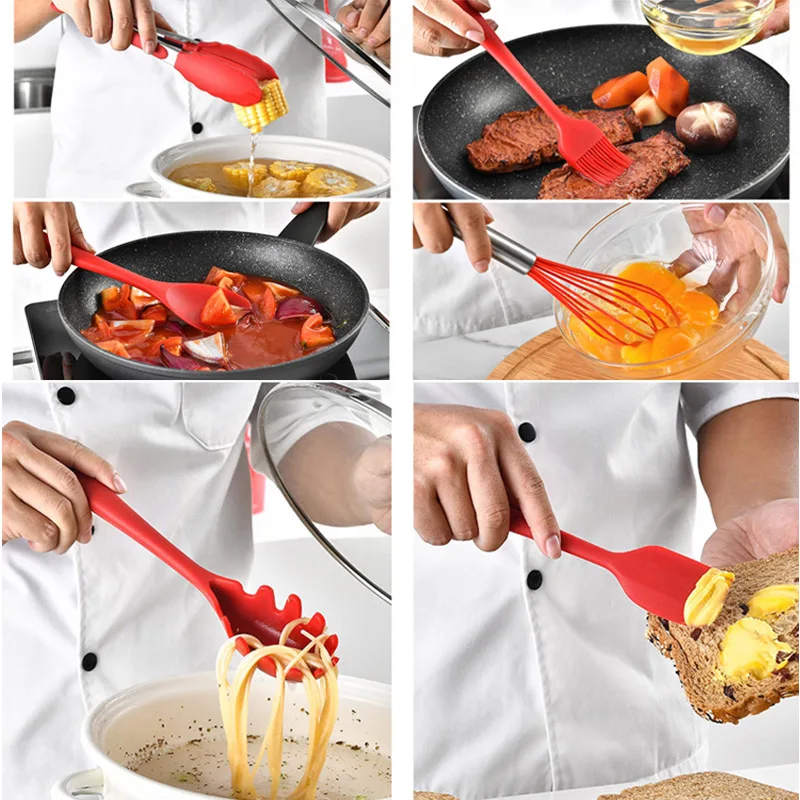 

10pcs Silicone Kitchen Utensils Set Non-stick Spatula Shovel with Wooden Handle Kitchen Utensil Set with Kitchen Tool