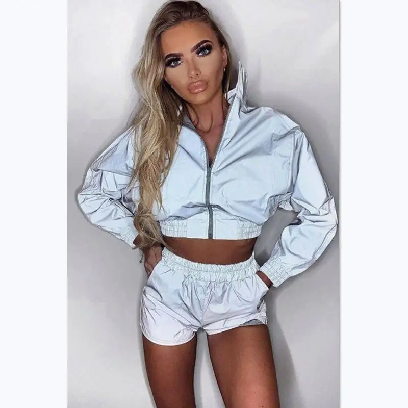 

Женский блейзер, светоотражающее пальто, Клубная одежда с длинным рукавом, повседневная куртка на молнии спереди, верхняя одежда, укороченн...