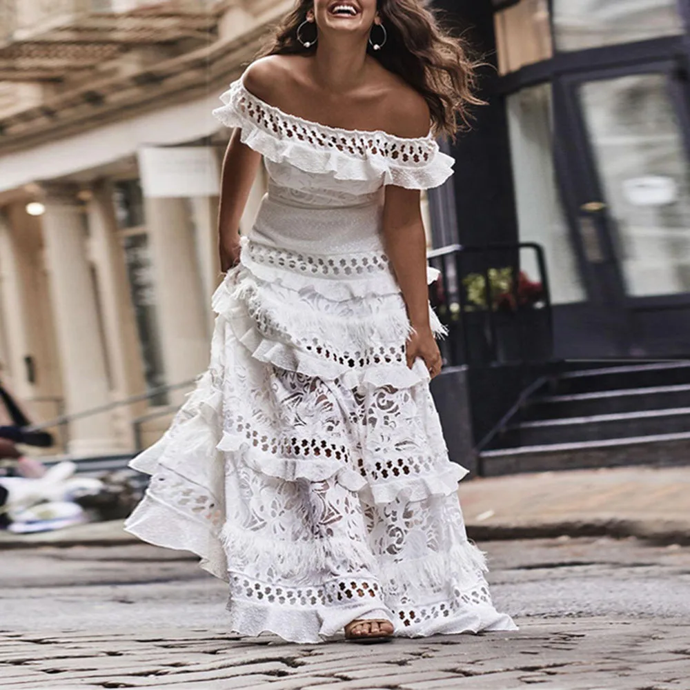 Платье женское вечернее длинное с открытыми плечами элегантный ажурный пляжный