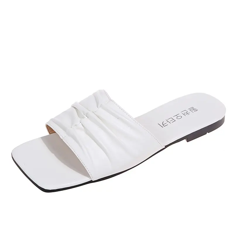 

Women Flat Slippers Ladies Slip on PU Leather Beach Shoes Woman Summer Casual Pleated Slipper Female Fashion Footwear 2021