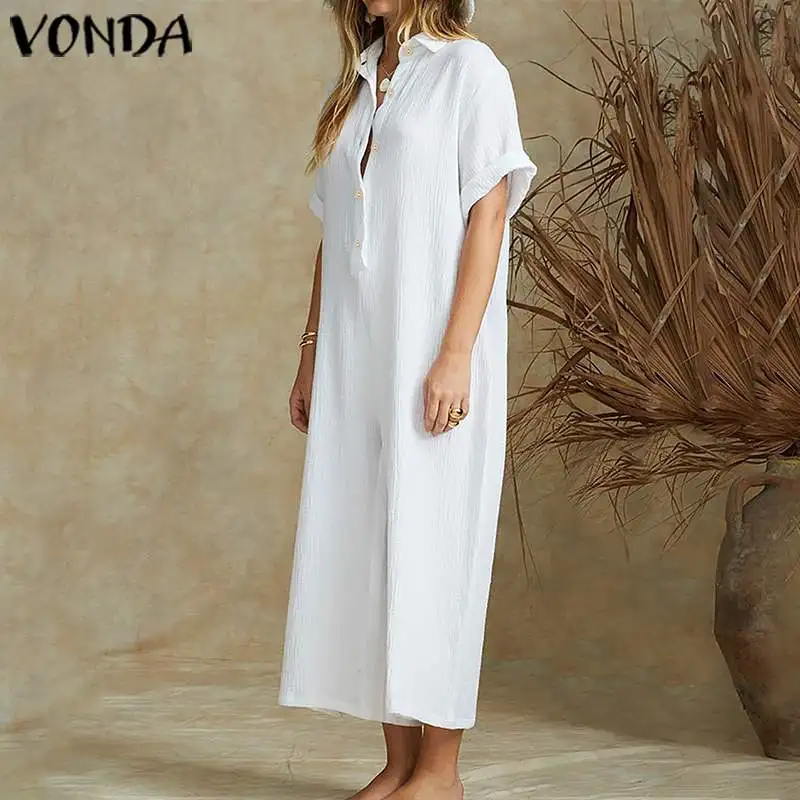 VONDA винтажные широкие брюки женские летние комбинезоны, женские костюмы с коротким рукавом плюс размер Комбинезоны элегантный женский комбинезон