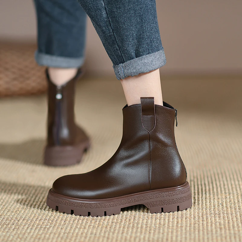 

2021 Autumn Winter Women Shoes Retro Round Toe Women Boots Platform Boots Genuine Leather Ankle Boots Thick Heel WESTERN Zipper