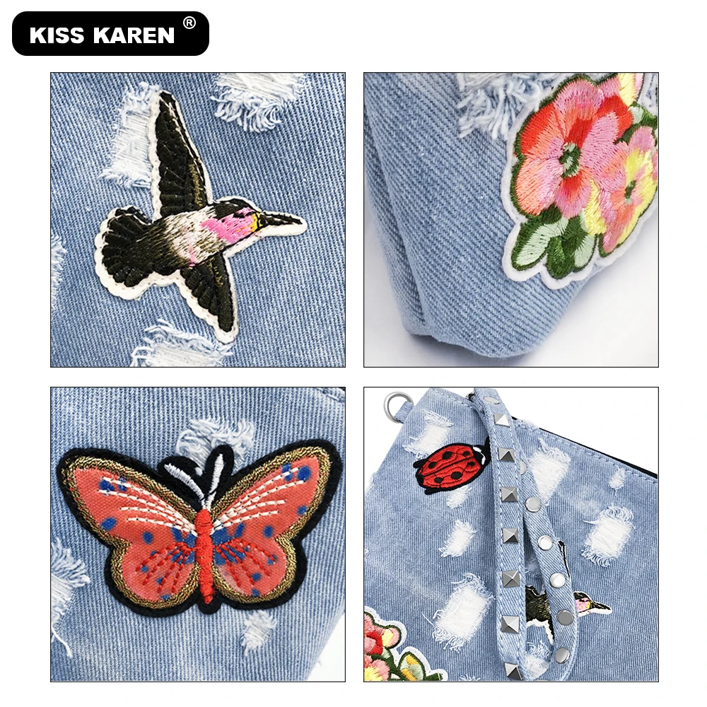 KISS KAREN/Повседневная Модная Джинсовая сумочка с вышивкой; женские сумки на плечо; джинсовая сумка с шипами; женские сумки-мессенджеры; женские сумки