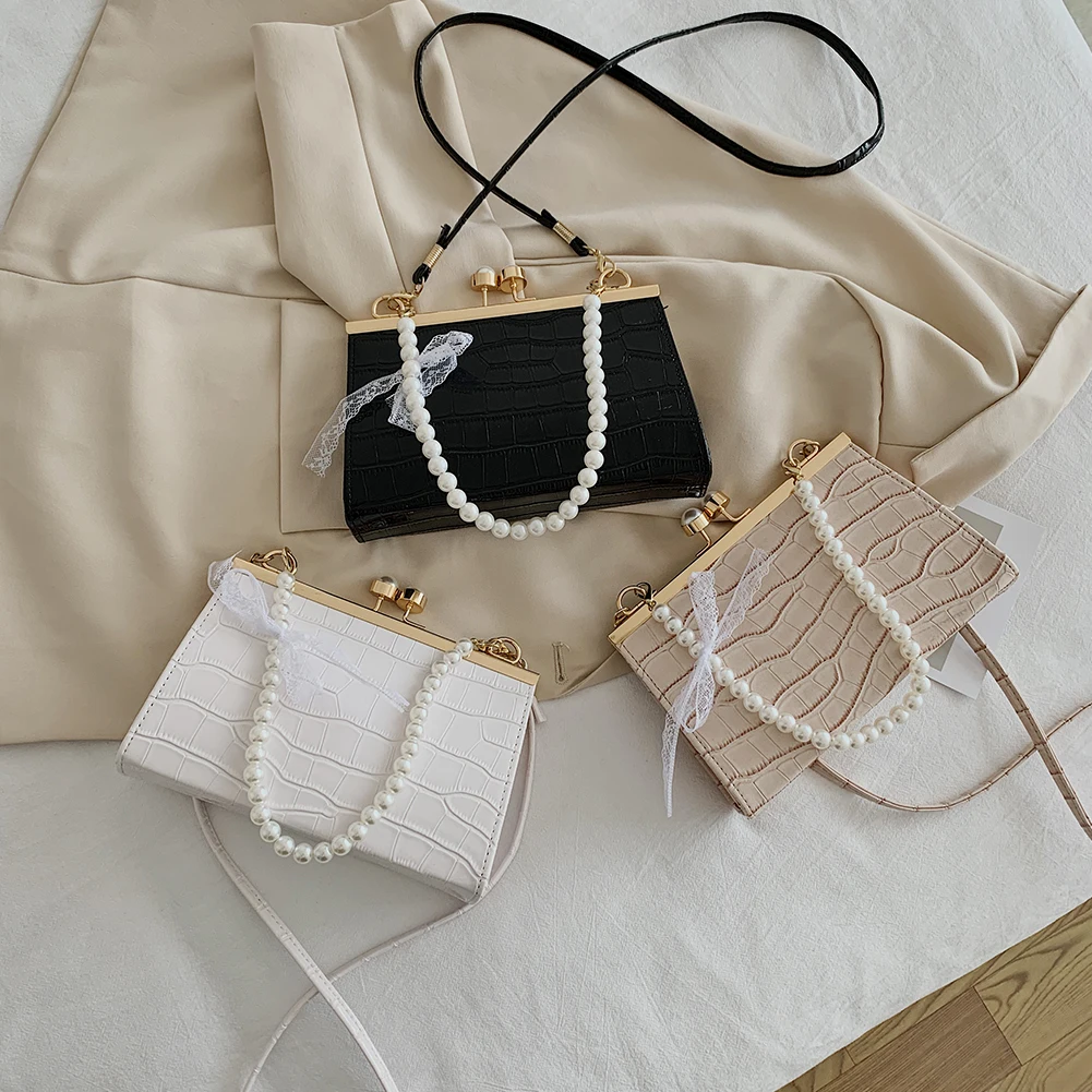 

Retro Alligator Pattern Crossbody Bag For Women 2021 Clip Buckle Pearl Chain Bag PU Leather Small Shoulder Bag Square Handbags