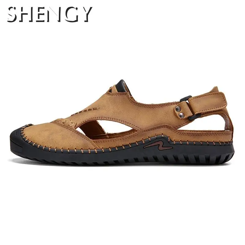 Мужские сандалии из натуральной кожи пляжные Нескользящие в римском стиле с