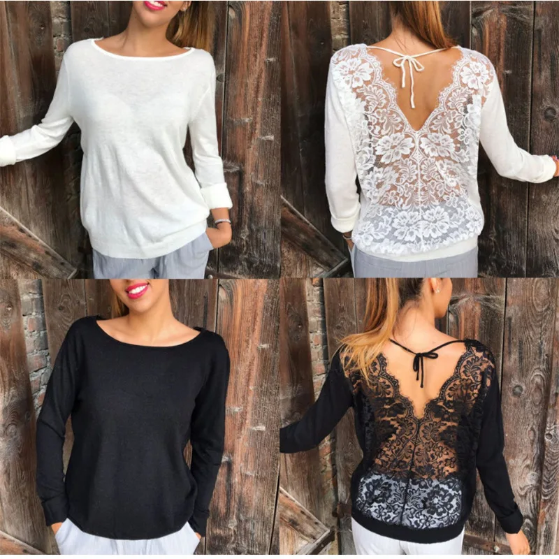 

Women Sexy T-Shirt Lace Stitching Backlesst Shirt Spring Summer Long Sleeve Thin Breathable Lace-Up Tee Shirt Micro Perspective