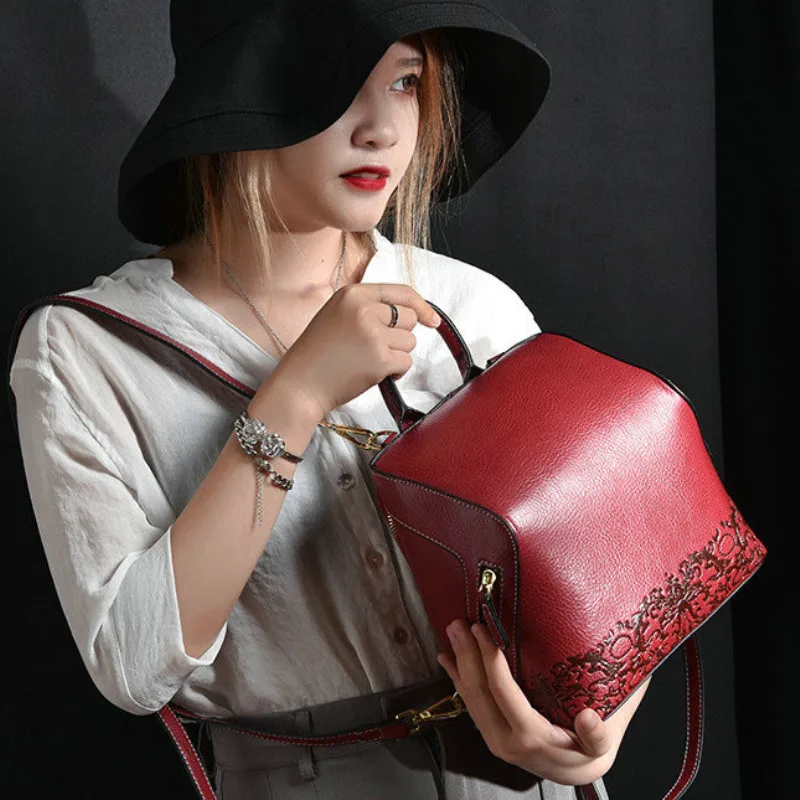 Женский рюкзак QIAOBAO из натуральной воловьей кожи с тиснением модный качественный