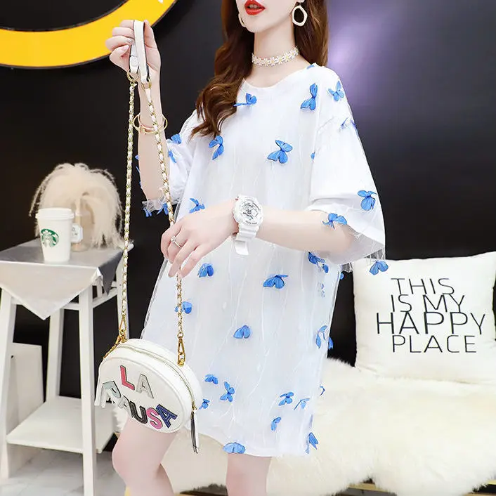 

Fake two embroidered short sleeve T-shirt women's summer 2021 new sweet super fairy salt stitching mesh large size jacket