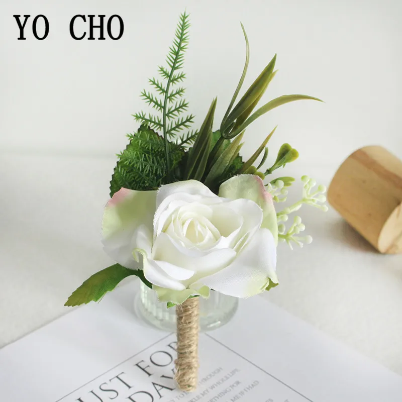 

YO CHO White Silk Rose Groom Boutonniere Wrist Corsage Bracelet Bridesmaids Flower Wedding Groomsmen Boutonniere Buttonhole Prom