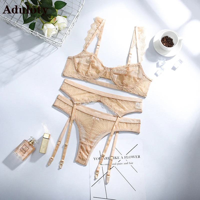 

Aduloty Fashion Lace Net Gauze Perspective Women Mesh Sexy Lingerie Underwire Gather Bra Garter Belt Erotic Underwear Thong Set